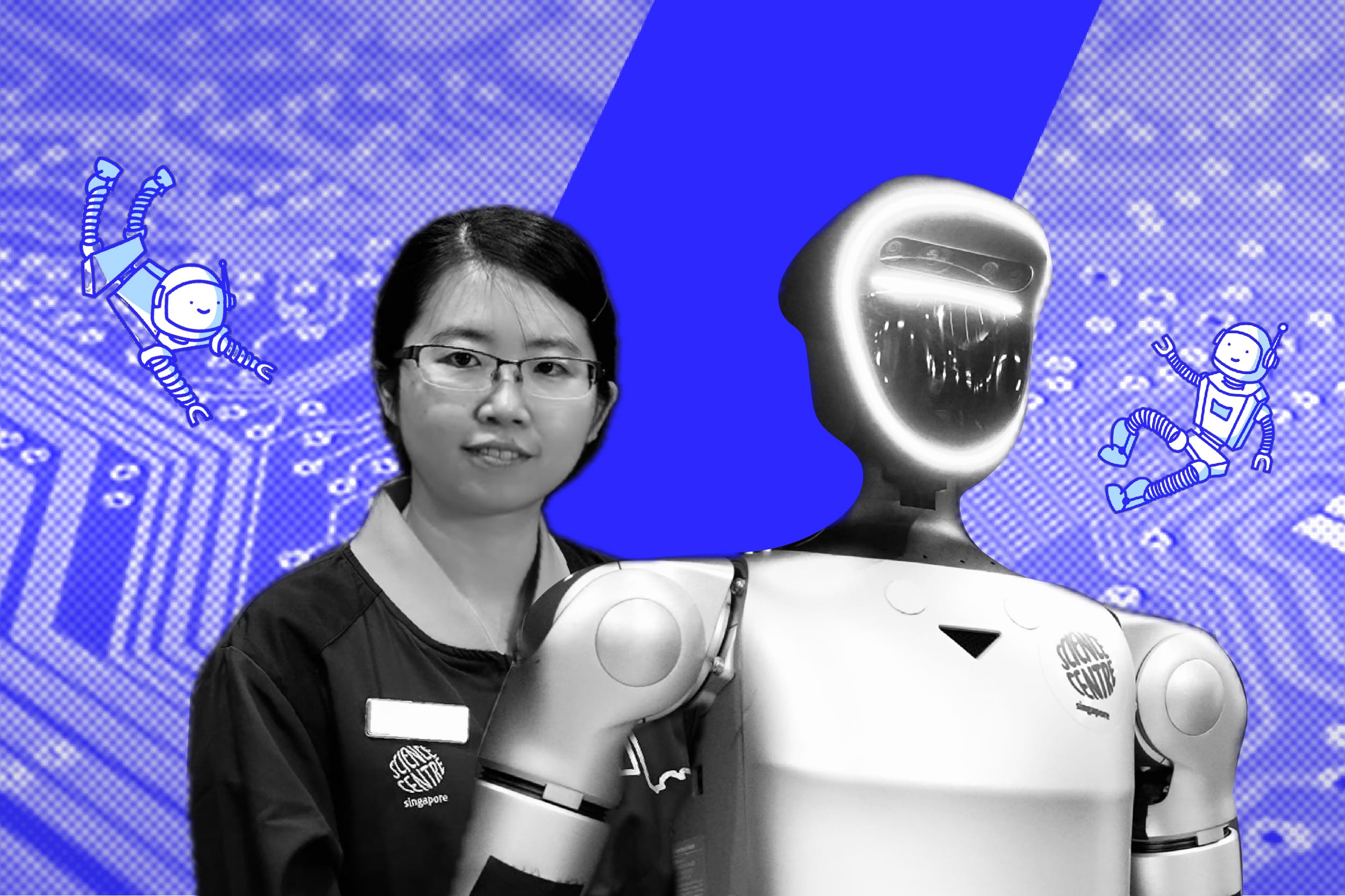 Portrait of speaker Wenjun and robot